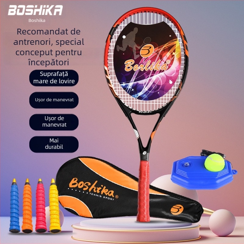 Rachetă de tenis din fibră de carbon pentru începători, ușoară 75–79 g, potrivită pentru amatori și elevi de gimnaziu, personalizabil cu logo, set de antrenament inclus