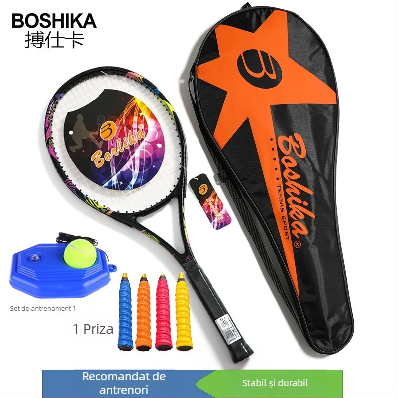 Rachetă de tenis din fibră de carbon pentru începători, ușoară 75–79 g, potrivită pentru amatori și elevi de gimnaziu, personalizabil cu logo, set de antrenament inclus