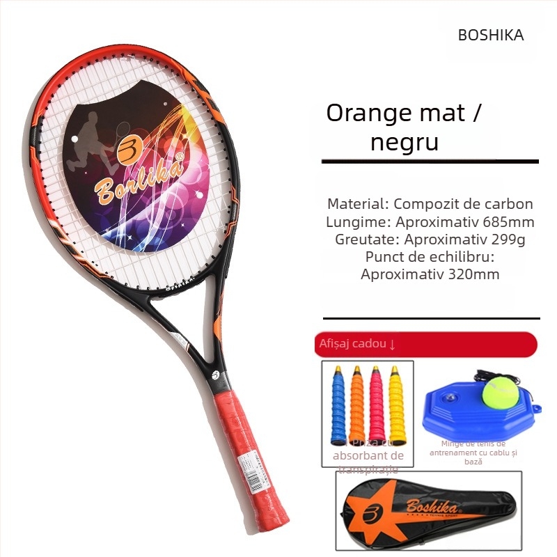 Rachetă de tenis din fibră de carbon pentru începători, ușoară 75–79 g, potrivită pentru amatori și elevi de gimnaziu, personalizabil cu logo, set de antrenament inclus