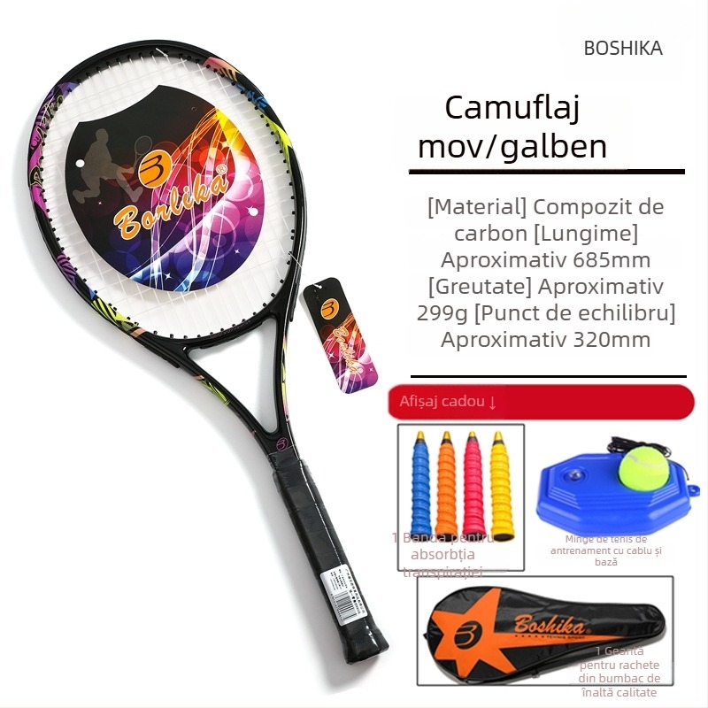 Rachetă de tenis din fibră de carbon pentru începători, ușoară 75–79 g, potrivită pentru amatori și elevi de gimnaziu, personalizabil cu logo, set de antrenament inclus