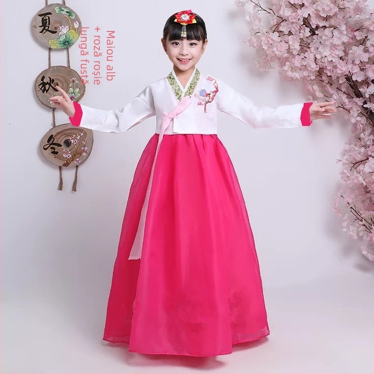 Costum de dans coreean pentru fete, satin, 90% poliester, stil coreean, îmbrăcăminte de performanță pentru copii