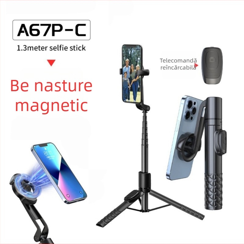 Baston magnetic pentru selfie cu Bluetooth, telecomandă inclusă, stabilizator anti-tremur, suport universal pentru telefon pentru streaming live