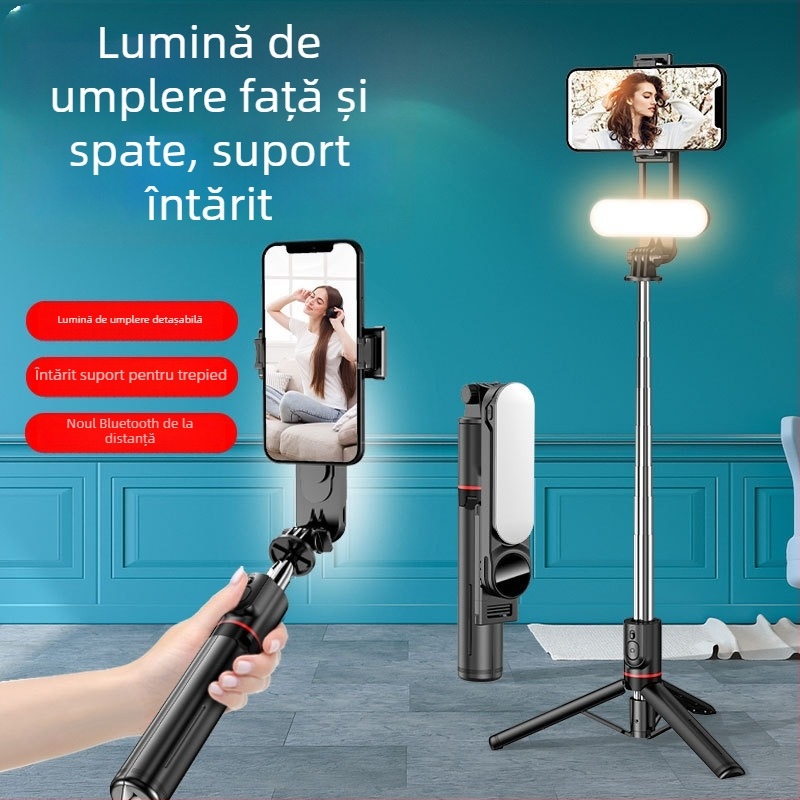 Selfie stick L15 cu lumină de înfrumusețare detașabilă, structură din oțel inoxidabilă și telecomandă Bluetooth pentru telefoane – trepied multifuncțional
