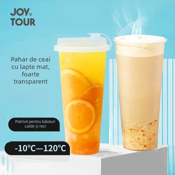 Pahar de unică folosință pentru ceai cu lapte, cu capac, 500 ml, din plastic, formă dreptunghiulară, model transparent mat, pentru cafenele și băuturi reci