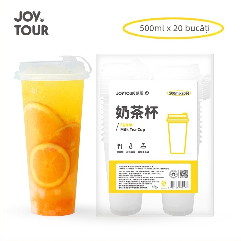 Pahar de unică folosință pentru ceai cu lapte, cu capac, 500 ml, din plastic, formă dreptunghiulară, model transparent mat, pentru cafenele și băuturi reci