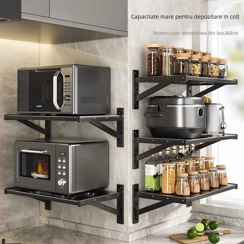 Raft de depozitare montat pe perete pentru bucătărie – metal, stil modern minimalist, marcă Yijusi, potrivit pentru microunde, cuptor și gătitor de orez