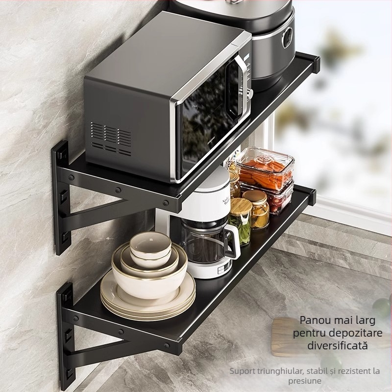 Raft de depozitare montat pe perete pentru bucătărie – metal, stil modern minimalist, marcă Yijusi, potrivit pentru microunde, cuptor și gătitor de orez