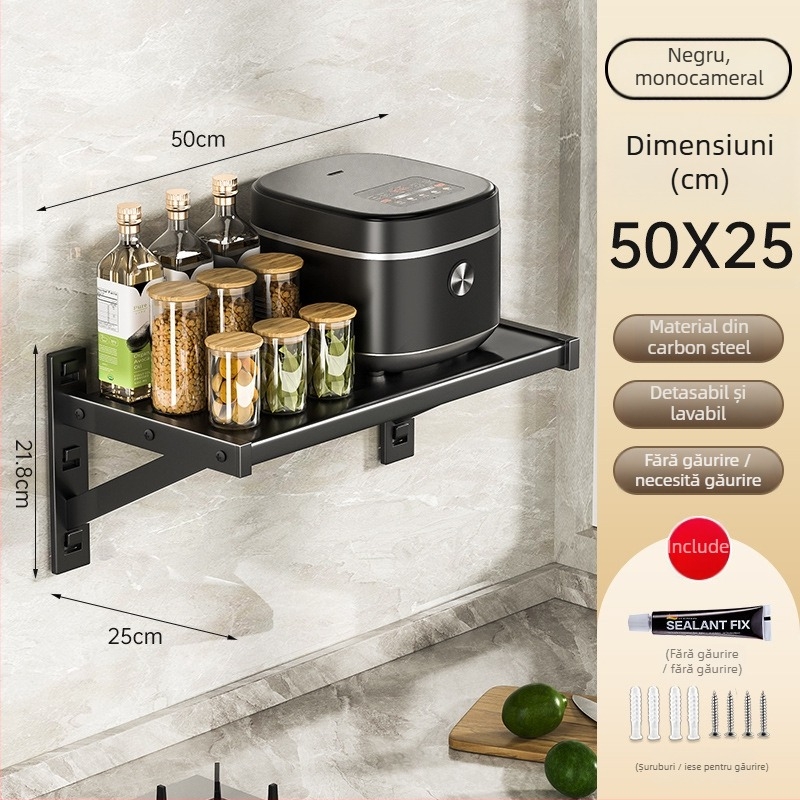Raft de depozitare montat pe perete pentru bucătărie – metal, stil modern minimalist, marcă Yijusi, potrivit pentru microunde, cuptor și gătitor de orez