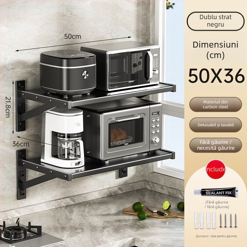 Raft de depozitare montat pe perete pentru bucătărie – metal, stil modern minimalist, marcă Yijusi, potrivit pentru microunde, cuptor și gătitor de orez