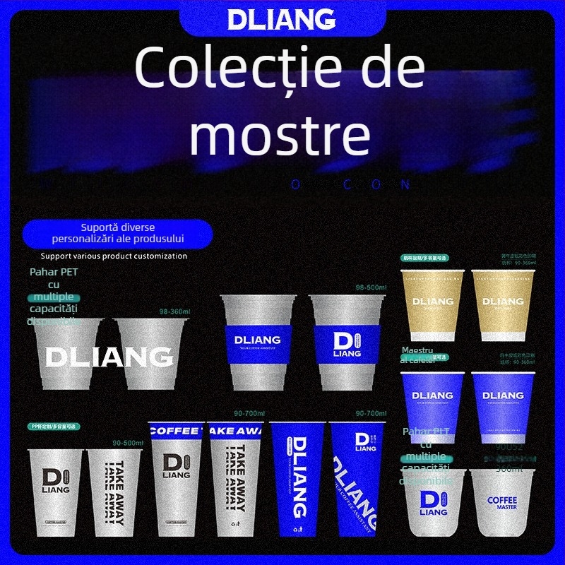 Pahare de băuturi de unică folosință — material PP, formă circulară, design personalizabil, logo tipărit, cutie 500 buc.