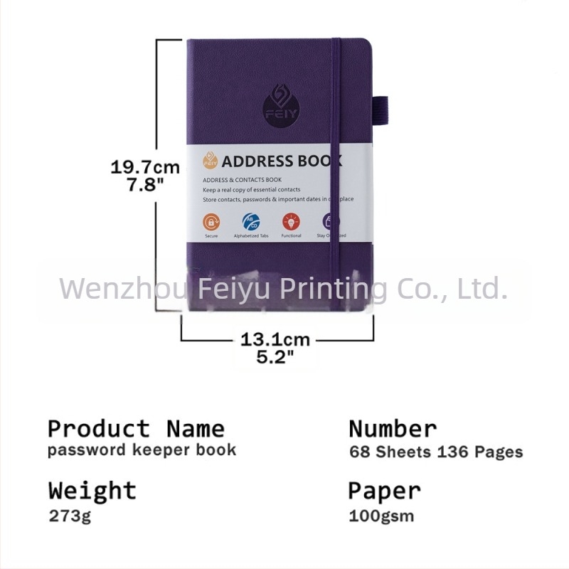 Feiyu caiet cu secțiuni pentru adrese și numere de telefon, copertă din piele sintetică, hârtie offset 100 g/m², 100–200 de pagini