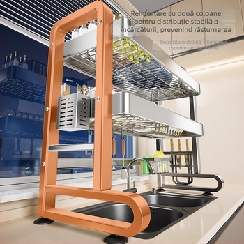 Raft din oțel inoxidabil pentru chiuveta bucătărie – multifuncțional, mobil, depozitare integrată pentru vase și tacâmuri, stil modern