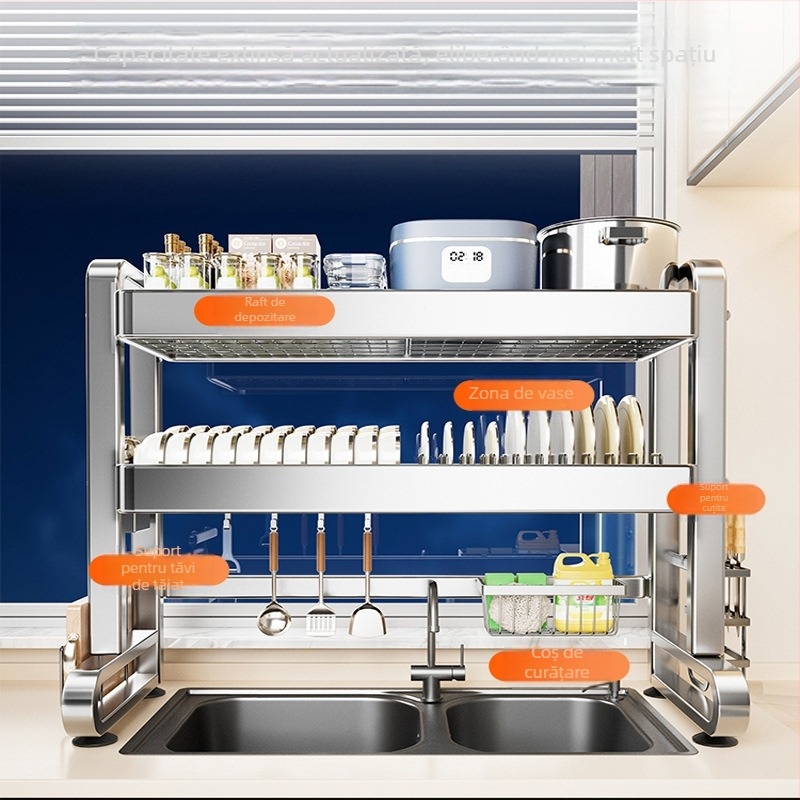 Raft din oțel inoxidabil pentru chiuveta bucătărie – multifuncțional, mobil, depozitare integrată pentru vase și tacâmuri, stil modern