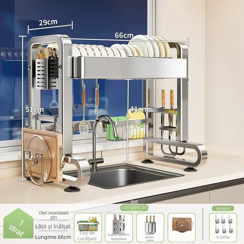 Raft din oțel inoxidabil pentru chiuveta bucătărie – multifuncțional, mobil, depozitare integrată pentru vase și tacâmuri, stil modern