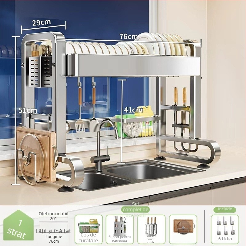 Raft din oțel inoxidabil pentru chiuveta bucătărie – multifuncțional, mobil, depozitare integrată pentru vase și tacâmuri, stil modern