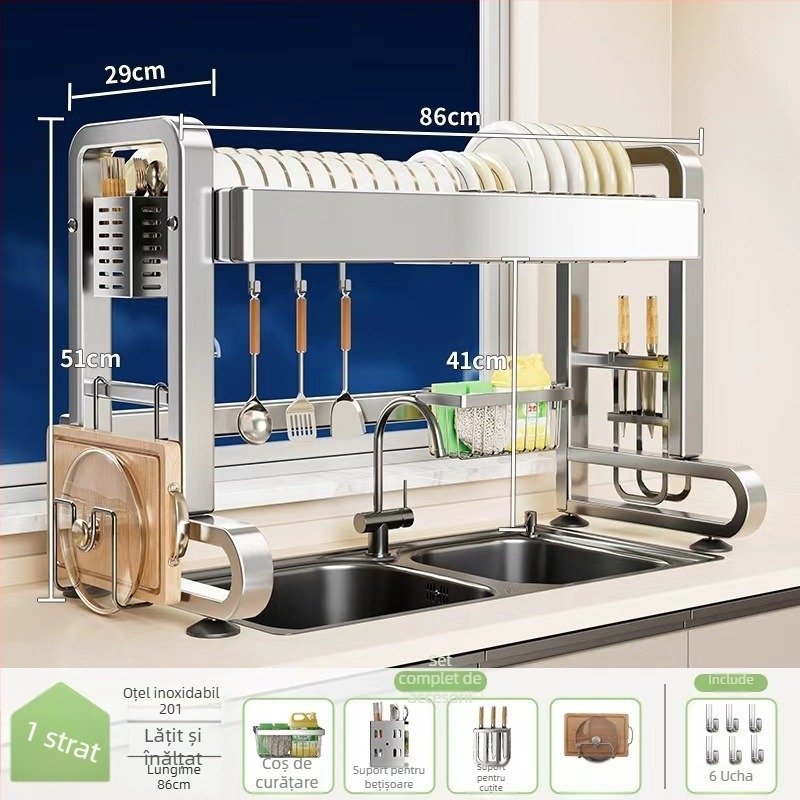 Raft din oțel inoxidabil pentru chiuveta bucătărie – multifuncțional, mobil, depozitare integrată pentru vase și tacâmuri, stil modern