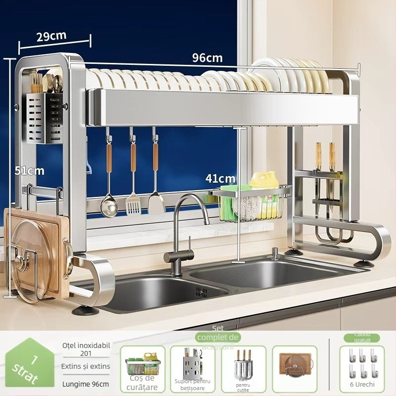Raft din oțel inoxidabil pentru chiuveta bucătărie – multifuncțional, mobil, depozitare integrată pentru vase și tacâmuri, stil modern