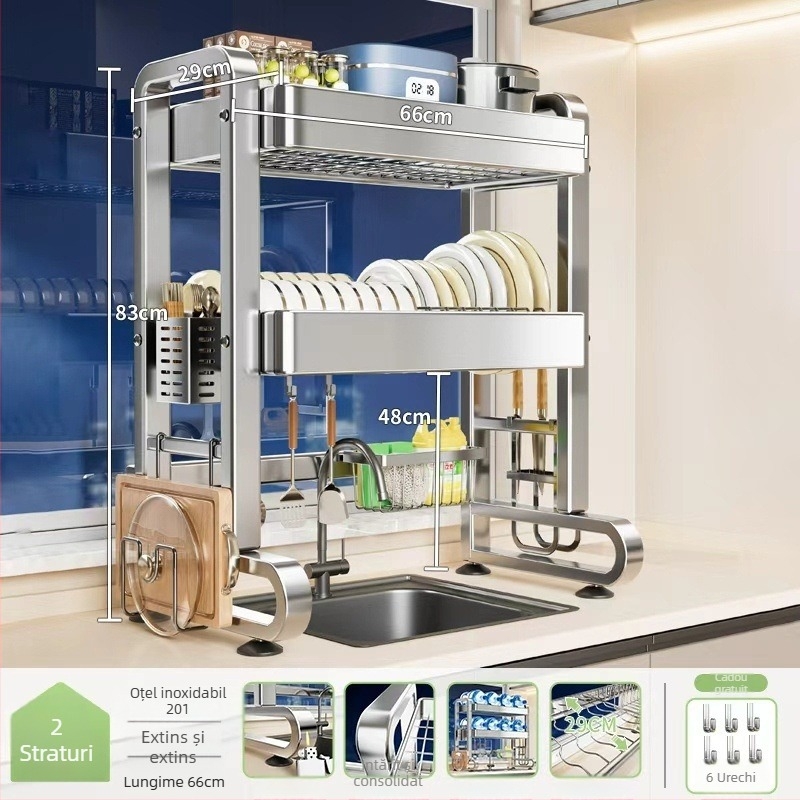 Raft din oțel inoxidabil pentru chiuveta bucătărie – multifuncțional, mobil, depozitare integrată pentru vase și tacâmuri, stil modern