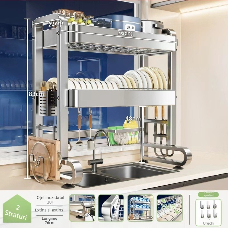 Raft din oțel inoxidabil pentru chiuveta bucătărie – multifuncțional, mobil, depozitare integrată pentru vase și tacâmuri, stil modern