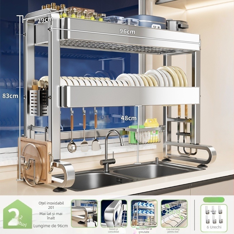 Raft din oțel inoxidabil pentru chiuveta bucătărie – multifuncțional, mobil, depozitare integrată pentru vase și tacâmuri, stil modern