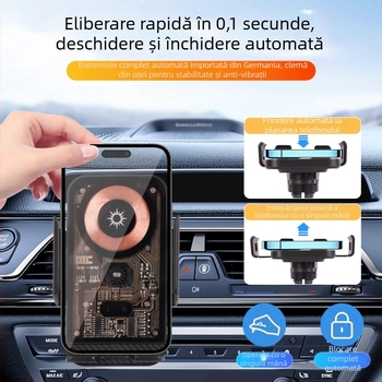 Suport magnetic pentru telefon în mașină pentru navigație și smartphone, cu încărcare wireless de 15W, clemă electrică, senzor inteligent și montaj pe orificiile de ventilație