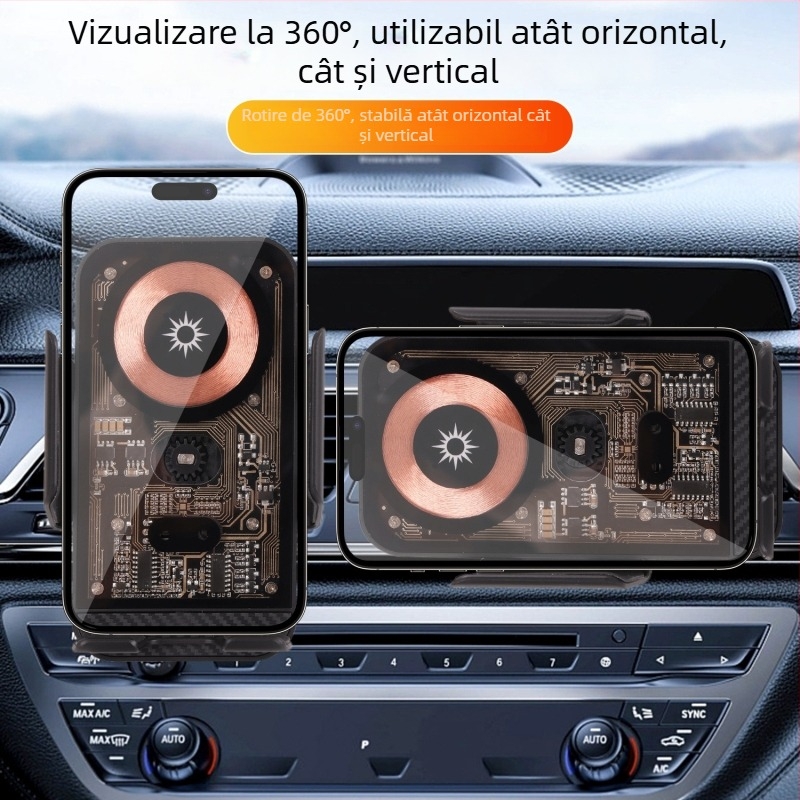 Suport magnetic pentru telefon în mașină pentru navigație și smartphone, cu încărcare wireless de 15W, clemă electrică, senzor inteligent și montaj pe orificiile de ventilație