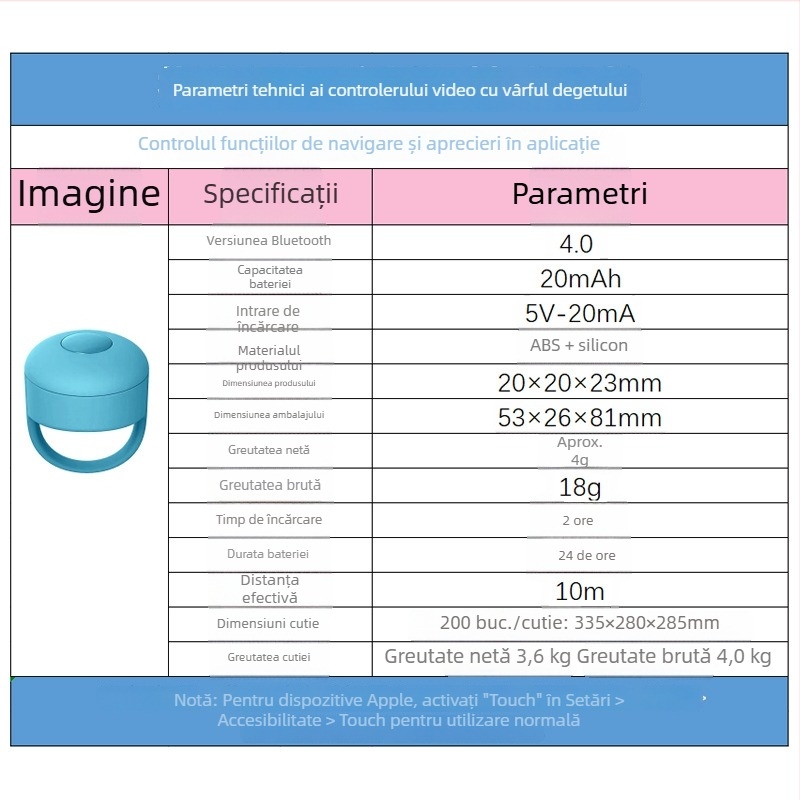 Inel Bluetooth pentru selfie, model ZL-01, Bluetooth 4.0, ABS + silica gel, greutate aproximativă 4 g