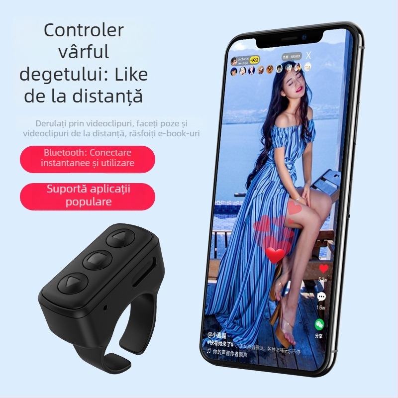 Telecomandă Bluetooth pentru telefon: control video, derulare pagini, like și selfie (wxlj-02, Bluetooth 5.0, Plastic, 4 g)