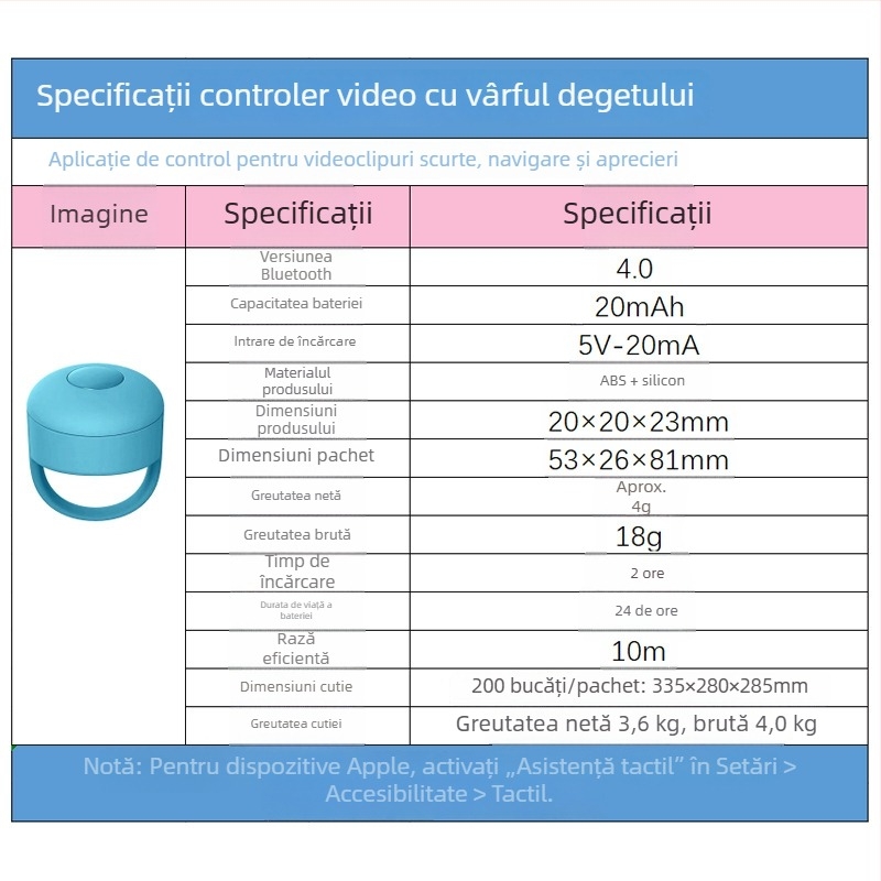 Inel Bluetooth pentru selfie cu controler și buton de like și schimbare de pagină — model Fingertip Praise 01, Bluetooth 5.0, ABS silica gel, aproximativ 4 g