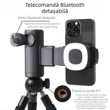 Monopod pentru selfie cu iluminare pentru fotografia în aer liber, prindere pe o singură axă, Bluetooth 5.0, ABS, BBC-15