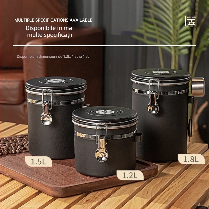 Recipient circular pentru boabe de cafea din oțel inoxidabil 304, sigilat vacuum, capacitate 1–2 L, stil modern minimalist