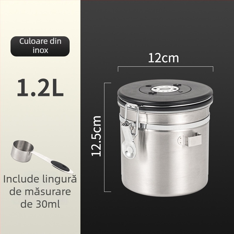 Recipient circular pentru boabe de cafea din oțel inoxidabil 304, sigilat vacuum, capacitate 1–2 L, stil modern minimalist