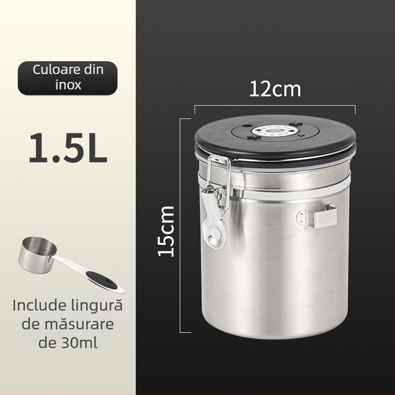 Recipient circular pentru boabe de cafea din oțel inoxidabil 304, sigilat vacuum, capacitate 1–2 L, stil modern minimalist