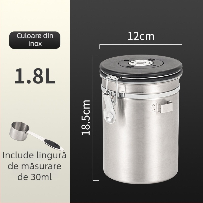 Recipient circular pentru boabe de cafea din oțel inoxidabil 304, sigilat vacuum, capacitate 1–2 L, stil modern minimalist