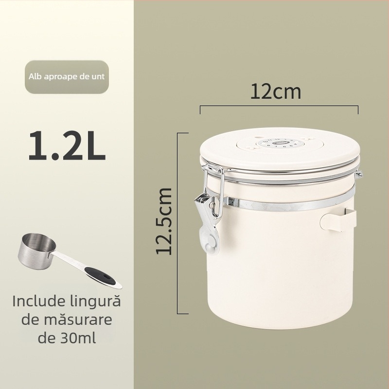 Recipient circular pentru boabe de cafea din oțel inoxidabil 304, sigilat vacuum, capacitate 1–2 L, stil modern minimalist