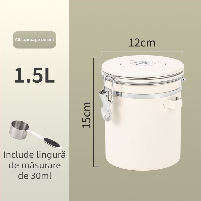 Recipient circular pentru boabe de cafea din oțel inoxidabil 304, sigilat vacuum, capacitate 1–2 L, stil modern minimalist