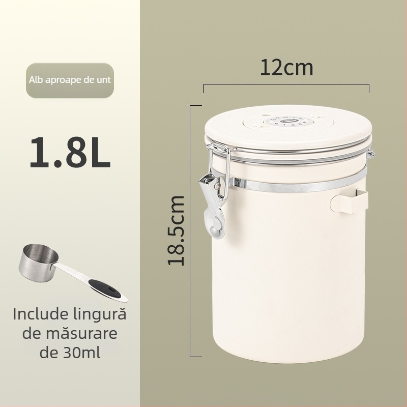 Recipient circular pentru boabe de cafea din oțel inoxidabil 304, sigilat vacuum, capacitate 1–2 L, stil modern minimalist