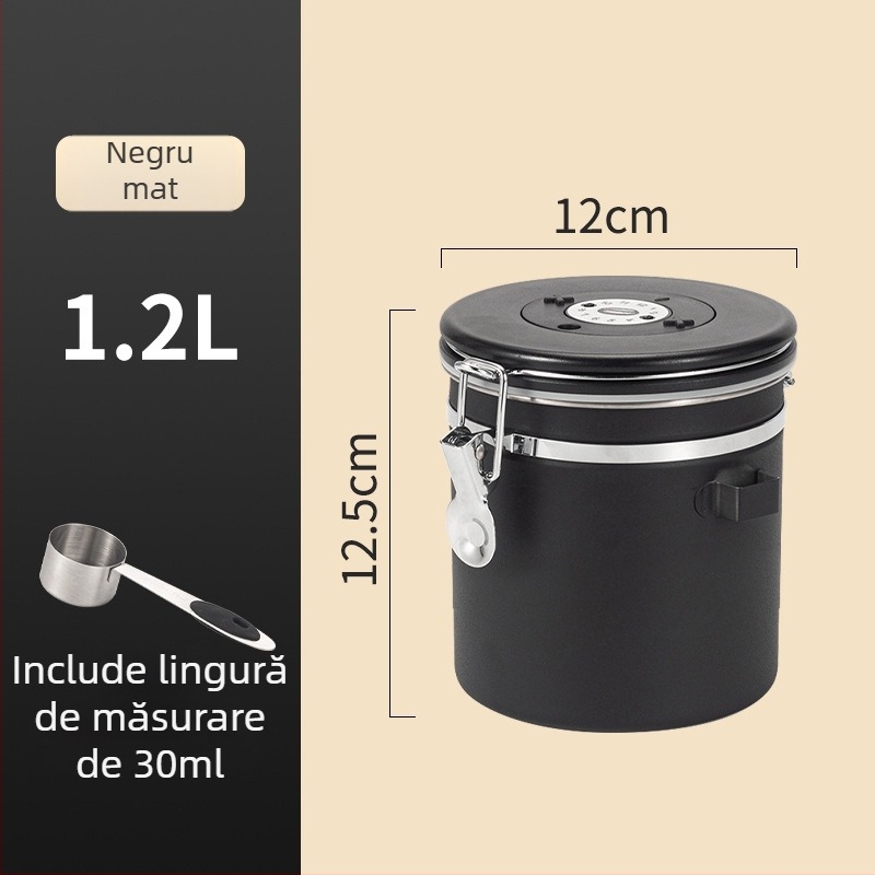 Recipient circular pentru boabe de cafea din oțel inoxidabil 304, sigilat vacuum, capacitate 1–2 L, stil modern minimalist