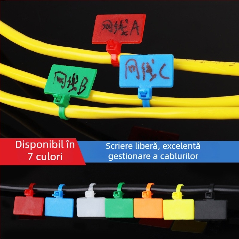 Curele de etichetare pentru cabluri, PA66, marca Jiutai; pachete de 100 de bucăți cu etichetă și stilou; Origine: Wenzhou, Zhejiang, China.