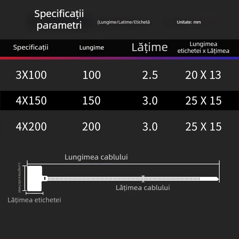 Curele de etichetare pentru cabluri, PA66, marca Jiutai; pachete de 100 de bucăți cu etichetă și stilou; Origine: Wenzhou, Zhejiang, China.