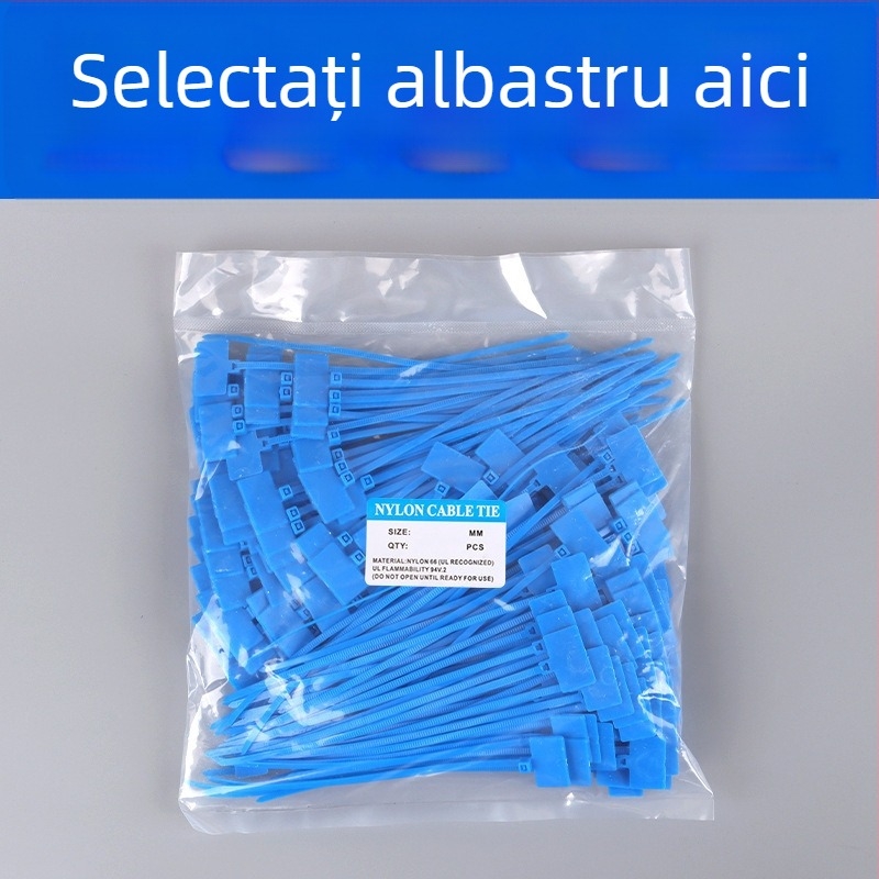 Curele de etichetare pentru cabluri, PA66, marca Jiutai; pachete de 100 de bucăți cu etichetă și stilou; Origine: Wenzhou, Zhejiang, China.