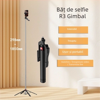 Selfie Stick cu Trepied Patru Picioare pentru Streaming în Aer Liber, LED Lumina, Extensibil, Telecomandă Bluetooth, Anti-Tremur