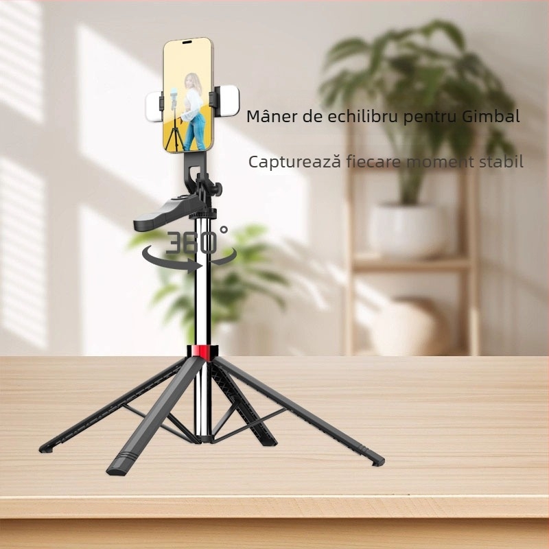 Selfie Stick cu Trepied Patru Picioare pentru Streaming în Aer Liber, LED Lumina, Extensibil, Telecomandă Bluetooth, Anti-Tremur