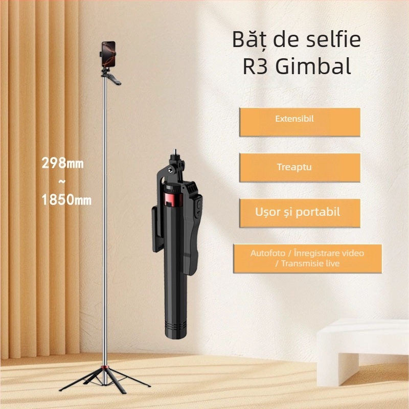 Selfie Stick cu Trepied Patru Picioare pentru Streaming în Aer Liber, LED Lumina, Extensibil, Telecomandă Bluetooth, Anti-Tremur
