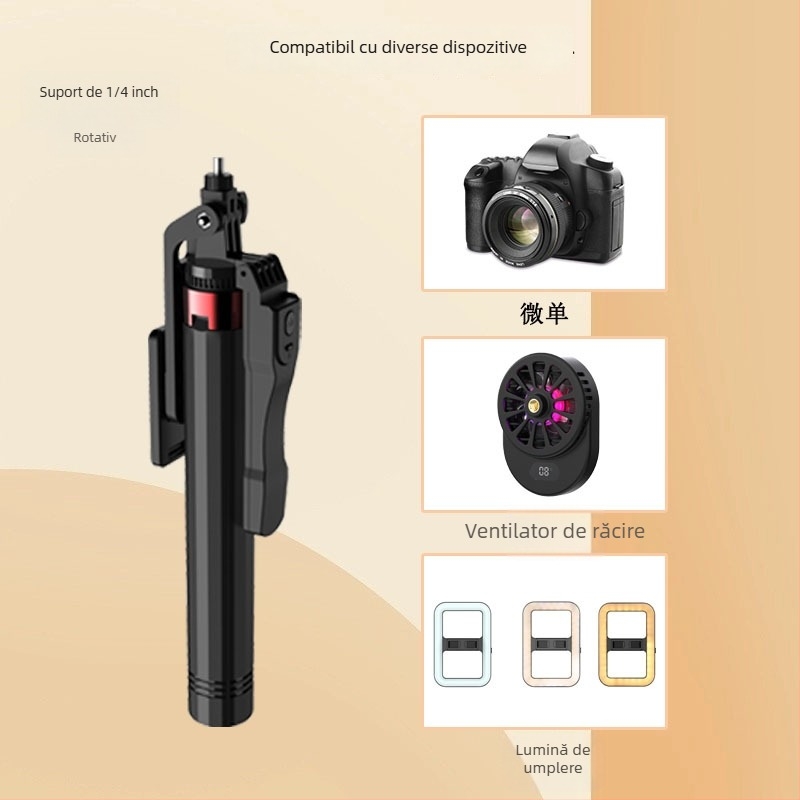 Selfie Stick cu Trepied Patru Picioare pentru Streaming în Aer Liber, LED Lumina, Extensibil, Telecomandă Bluetooth, Anti-Tremur