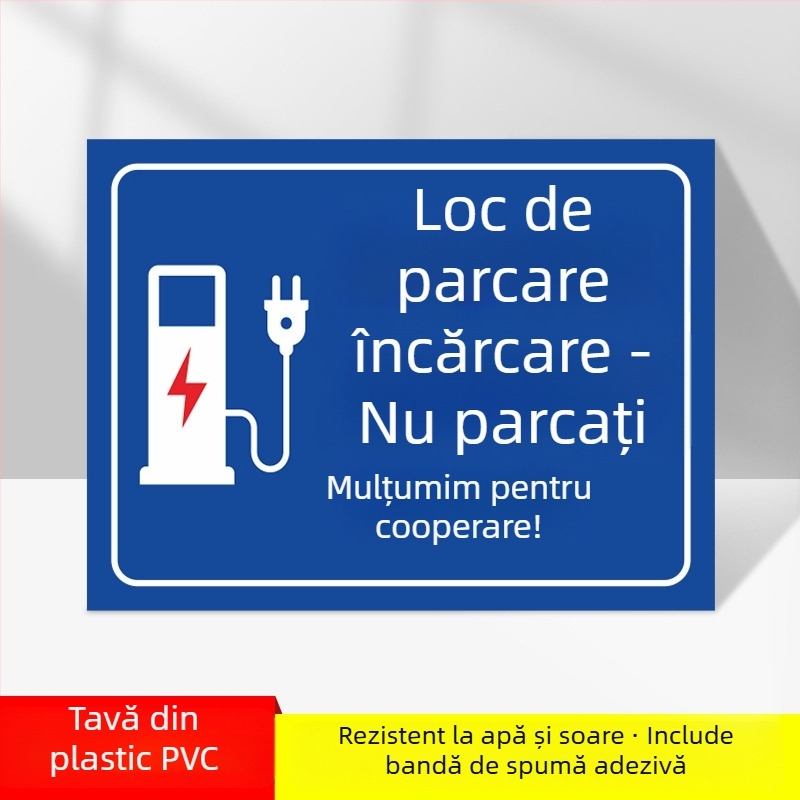 Semn zonă încărcare mașini electrice – PVC imprimat UV, pentru parcare subterană, siguranță și semnalizare parcare