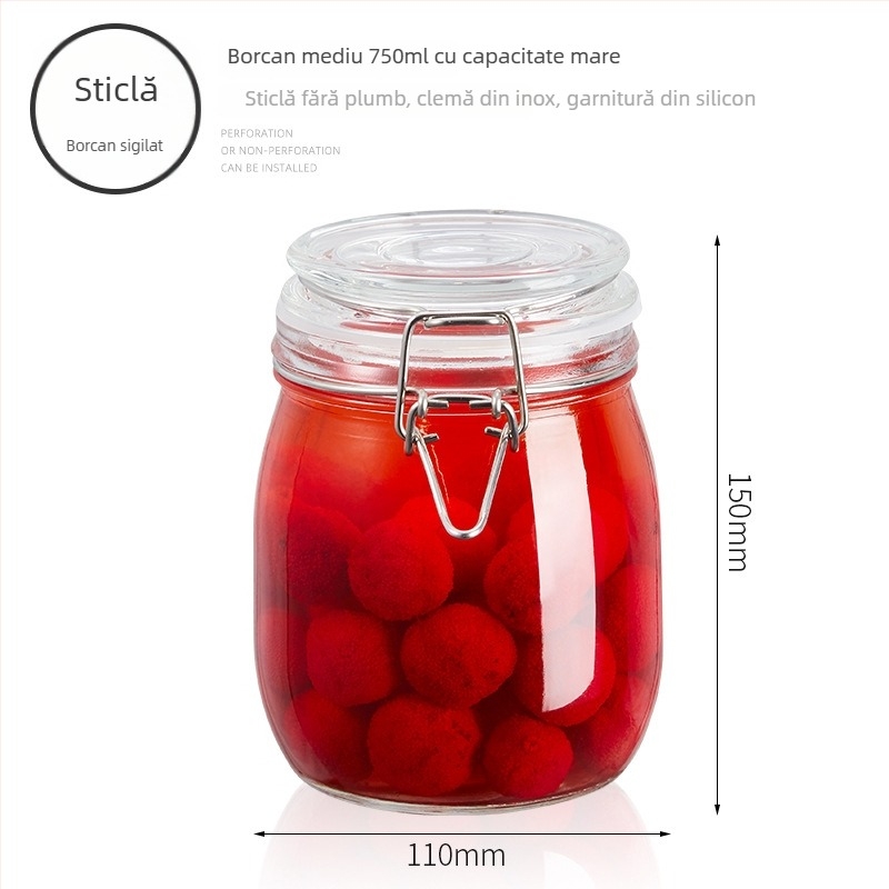 Borcan din sticlă sigilat cu capac, formă rotundă, 501-800 ml, compatibil cu microunde, stil modern minimalist