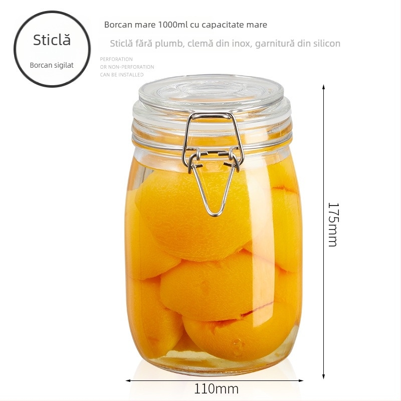 Borcan din sticlă sigilat cu capac, formă rotundă, 501-800 ml, compatibil cu microunde, stil modern minimalist