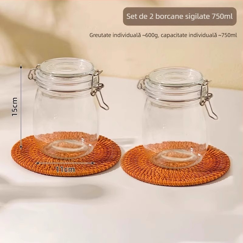 Borcan din sticlă sigilat cu capac, formă rotundă, 501-800 ml, compatibil cu microunde, stil modern minimalist
