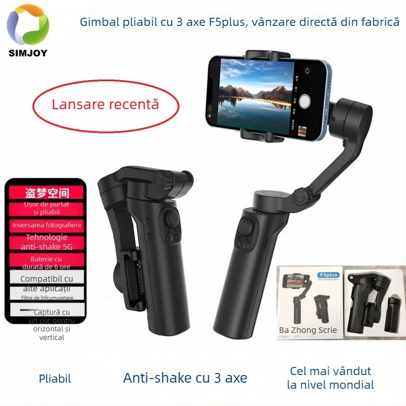 Stabilizator pliabil pentru telefon cu trei axe, ABS corp, 720° vertical, 720° orizontal, 400 g, autonomie baterie 3–5 ore